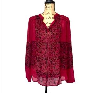 Lucky Brand Red & Black Sheer Blouse - Size 2X - Soft & Flowy 💃❤️🖤